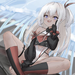  :d azur_lane bare_shoulders between_legs black_gloves blush breasts buttons commentary_request crop_top cross crossed_legs dark-skinned_female dark_skin detached_collar double-breasted female full_body gloves hair_between_eyes hair_ribbon hand_between_legs hand_up index_finger_raised iron_cross jellyfish legs light_brown_hair long_hair looking_at_viewer midriff midriff_peek mumei_shumi oerba_yun_fang off-shoulder_jacket off_shoulder purple_eyes ribbon side_ponytail small_breasts smile solo spread_legs striped_ribbon swimsuit swimsuit_under_clothes thigh_strap thighs u-31_(azur_lane) very_long_hair 