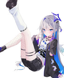  +_+ absurdres amane_kanata amane_kanata_(punk_rock) angel_wings black_choker black_footwear black_jacket black_sleeves blue_hair boots bow breasts choker closed_mouth colored_inner_hair feathered_wings feet_out_of_frame female fishnet_pantyhose fishnets grey_hair hair_between_eyes hair_intakes hair_ornament hairbow hairclip halo heart highres hololive jacket leather_choker legs_up long_hair long_sleeves looking_at_viewer multicolored_hair nama_tt1786 official_alternate_costume open_clothes open_jacket pantyhose shirt shorts simple_background single_leg_pantyhose single_leg_warmer sitting small_breasts smile solo star_(symbol) thigh_strap two-sided_fabric two-sided_jacket virtual_youtuber white_background white_leg_warmers white_shirt white_wings wings 