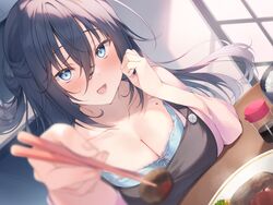  :d aotsu_karin black_hair black_overalls blue_bra blue_eyes blurry blush bowl bra breasts chopsticks cleavage collarbone depth_of_field dutch_angle female hair_between_eyes hamburger_steak highres holding holding_chopsticks jacket long_hair looking_at_viewer medium_breasts mole mole_on_chest non-web_source open_mouth original overalls pink_jacket plate pov rice rice_bowl sidelocks sitting smile solo soy_sauce table underwear 