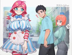  1boy 2girls anger_vein apron black_eyes black_hair black_pants blue_eyes blue_shirt bob_cut braid breasts bright_pupils distracted_boyfriend_(meme) dress english_commentary father_(yoru_mac) freckles green_shirt grey_pants grin husband_and_wife mcdonald&#039;s meme mother_(yoru_mac) multiple_girls orange_hair pants pantyhose red_hair shirt short_hair sideways_glance sin_(sintrybest) smile spoken_anger_vein standing striped_clothes striped_dress striped_pantyhose turning_head twin_braids twitter_username twitter_x_logo unaligned_breasts vertical-striped_clothes vertical-striped_dress waist_apron wendy&#039;s wendy_(wendy&#039;s) white_apron white_pupils yoru_mac 