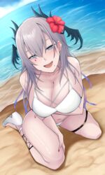  arm_under_breasts beach bikini blue_eyes breasts bright_pupils cleavage collarbone ear_ornament female flower gorgenzolla grey_hair hair_flower hair_ornament head_wings highres horizontal_pupils indie_virtual_youtuber large_breasts long_hair mole mole_under_mouth nail_polish navel ocean open_mouth pochimaru_(vtuber) red_flower red_nails shore solo swimsuit teardrop_facial_mark tentacle_hair thigh_strap toenail_polish toenails virtual_youtuber water white_bikini white_footwear white_pupils wings 