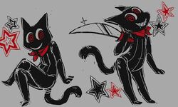  5:3 anthro atlus beta_design beta_morgana_(persona) bodysuit clothing crossed_legs domestic_cat doom_mori felid feline felis floating_stars grey_background kerchief knife male mammal megami_tensei megami_tensei_persona neckerchief red_eyes sega shine_star simple_background skinsuit smile solo spiral_eyes standing tight_clothing toothy_grin 