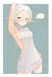  absurdres arm_behind_head arm_up armpits averting_eyes blush breasts brown_eyes cropped_legs elf female green_background grey_sweater hand_on_own_hip highres meme_attire mushoku_tensei pointy_ears root_(1732050807point) short_eyebrows short_hair sideboob small_breasts solo spoken_blush sweatdrop sweater sylphiette_(mushoku_tensei) virgin_killer_sweater wavy_mouth white_hair 