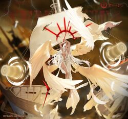  artist_request azur_lane breast_curtains breasts breasts_apart cannon dark-skinned_female dark_skin dress energy_cannon feathered_wings female full_body gold hair_between_eyes highres holding holding_polearm holding_weapon long_dress long_hair looking_at_viewer medium_breasts multiple_weapons multiple_wings official_art polearm red_eyes sail sao_martinho_(azur_lane) second-party_source side_slit sleeveless sleeveless_dress solo very_long_hair weapon white_dress white_hair wings 