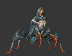  4_eyes absurd_res arachnid arachnid_taur arthropod arthropod_abdomen arthropod_taur big_breasts blonde_eyelashes blonde_hair blue_eyes blue_sclera breasts capcom enzea eyelashes female grey_background grey_body hair hand_on_hip hi_res hood humanoid looking_at_viewer monster_hunter multi_eye navel nerscylla open_mouth orange_body pale_skin simple_background solo spikes spikes_(anatomy) taur under_boob 