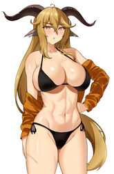  abs animal_ears arknights blonde_hair brown_horns degenbrecher_(arknights) fangs_(fangs_art) female goat_ears goat_girl goat_horns goat_tail hair_flowing_over highres horns muscular muscular_female navel open_clothes orange_shirt shirt simple_background solo white_background yellow_eyes 