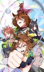  1boy 6+girls absurdres ahoge arm_up black_hair black_skirt blue_eyes brown_hair cape chemical_structure clenched_hand commentary_request crown cup ear_ornament earrings epaulettes hair_between_eyes highres holding holding_cup jacket jewelry jungle_pocket_(umamusume) long_hair messy_hair mug multicolored_background multicolored_hair multiple_girls open_mouth pink_cape purple_shirt red_eyes round_eyewear sailor_collar school_uniform shirt single_earring skirt streaked_hair summer sunglasses tanabe_trainer tawashi_hechima tracen_school_uniform umamusume umamusume:_beginning_of_a_new_era white_hair yellow_eyes yellow_jacket 