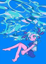  absurdly_long_hair aqua_eyes aqua_hair barefoot black_bow black_bowtie black_skirt blue_background blush_stickers bottle_miku bow bowtie closed_mouth commentary dot_mouth female floating floating_hair full_body hair_floating_upwards hair_ribbon hands_under_legs hatsune_miku highres liquid_hair long_hair long_legs menma_(enaic31) midriff_peek miniskirt own_hands_clasped own_hands_together pleated_skirt raised_eyebrows ribbon school_uniform serafuku shirt short_sleeves simple_background skirt solo sparkle twintails twitter_username very_long_hair vocaloid water white_shirt 