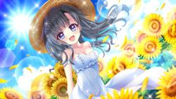  :d arms_behind_back black_hair blue_eyes blue_sky breasts cleavage cloud collarbone day dot_nose dress dutch_angle falling_petals female field film_grain flower flower_field game_cg hair_down hat itsumura_yukari izumi_tsubasu lens_flare long_hair looking_at_viewer medium_breasts non-circular_lens_flare non-web_source official_art open_mouth outdoors petals re:stage! sky smile solo spaghetti_strap sparkle strap_slip straw_hat sun sundress sunflower sunflower_field white_dress yellow_flower yellow_petals 