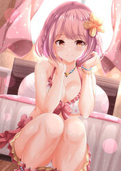  bare_arms bare_shoulders bed bikini blush bob_cut bow breasts brown_eyes cleavage closed_mouth collarbone commentary_request curtains day feet_out_of_frame female flower frilled_bikini frills hair_flower hair_ornament hands_up highres hoshizaki_akari indoors jewelry large_breasts looking_at_viewer necklace ongeki pillow pink_bow pink_eyes pink_hair short_hair smile solo squatting star_(symbol) star_necklace sunlight swimsuit white_bikini window wooden_floor xenon_(for_achieve) yellow_flower 