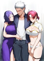  1boy 2girls archer_(fate) bare_shoulders bikini black_pants blue_jacket blush boudica_(fate) breasts cleavage closed_eyes commentary_request commission dress fate/grand_order fate_(series) gold_trim grey_eyes grin highres jacket large_breasts long_hair minamoto_no_raikou_(fate) minamoto_no_raikou_(traveling_outfit)_(fate) multiple_girls navel o-ring pants parted_bangs pixiv_commission purple_dress purple_eyes purple_hair red_hair second-party_source shirt short_hair short_ponytail short_sleeves shrug_(clothing) smile swimsuit tamamoice thigh_strap thighs very_long_hair white_bikini white_hair white_shirt 