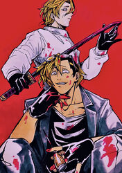  2boys absurdres bad_id bad_pixiv_id black_gloves black_hair black_shirt blonde_hair blood blood_on_clothes blood_on_face blood_on_hands blood_on_weapon chisel collarbone earrings eyewear_on_head fingerless_gloves gloves highres holding holding_chisel holding_sword holding_weapon human_bug_daigaku jacket jewelry katana kururi_maru male_focus multicolored_hair multiple_boys noda_hajime red_background shirt simple_background squatting stud_earrings sword two-tone_hair wanaka_souichiro weapon white_jacket 