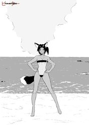  absurdres animal_ears artist_logo barefoot beach borrowed_character breasts cloud cloudy_sky commentary covered_navel dithering english_commentary female fox_ears fox_girl fox_tail full_body greyscale grin gris_swimsuit hands_on_own_hips highres looking_at_viewer medium_hair meme_attire monochrome ocean original pm_antunes ponytail sky smile solo standing tail 