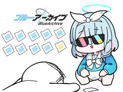  1other arona_(blue_archive) barefoot blue_archive blue_hair blue_shirt bow braid chibi commentary_request copyright_name doodle_sensei_(blue_archive) female gacha gameplay_mechanics hair_over_one_eye hair_ribbon hairband halo long_sleeves multicolored_hair nyaru_(nyaru_4126) pink_hair puffy_long_sleeves puffy_sleeves ribbon sailor_collar sensei_(blue_archive) shirt simple_background single_braid skirt squatting streaked_hair sunglasses white_background white_bow white_hairband white_ribbon white_sailor_collar white_skirt 