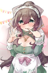  absurdres apron aqua_eyes assault_lily blurry blush bow breasts brown_background brown_hair buttons candy chocolate chocolate_on_hand cleavage cleavage_cutout clothing_cutout cowboy_shot depth_of_field dress female finger_to_mouth food food-themed_background food_on_hand frilled_sleeves frills green_dress hair_between_eyes hairbow hands_up heart heart-shaped_chocolate high_ponytail highres holding holding_food jewelry jiropi light_particles long_hair long_sleeves looking_at_viewer maid_headdress medium_breasts necklace official_alternate_costume parted_lips pendant pennant pink_bow ponytail serizawa_chikaru sidelocks smile solo standing string_of_flags tongue tongue_out very_long_hair waist_apron white_apron white_background 