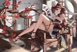  absurdres animal_on_head bare_legs bare_shoulders black_dress bra breasts brown_hair cherry_blossoms cleavage dress flower hair_between_eyes hair_flower hair_ornament hand_fan highres holding holding_fan honkai_(series) honkai_impact_3rd indoors kun_kun large_breasts lattice legs li_sushang long_hair looking_at_viewer on_head sandals sitting sitting_on_object strappy_heels toes underwear white_rabbit_(animal) 