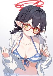  ayane_(blue_archive) ayane_(swimsuit)_(blue_archive) bikini black_hair blue_archive breasts closed_mouth collarbone female glasses halo highres jacket long_sleeves looking_at_viewer medium_breasts official_alternate_costume open_clothes open_jacket pointy_ears red-framed_eyewear red_halo rk_(rktorinegi) short_hair simple_background smile solo striped_bikini striped_clothes swimsuit twitter_username upper_body white_background white_jacket yellow_eyes 