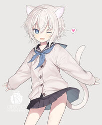  ;d animal_ears artist_name black_sailor_collar black_skirt blue_eyes blue_neckerchief capriccio cardigan cat_ears cat_girl cat_tail clothes_lift commentary_request female grey_background grey_cardigan grey_hair hair_between_eyes heart long_sleeves looking_at_viewer neckerchief one_eye_closed original pleated_skirt puffy_long_sleeves puffy_sleeves sailor_collar school_uniform serafuku shirt simple_background skirt skirt_lift sleeves_past_wrists smile solo spoken_heart tail white_shirt 