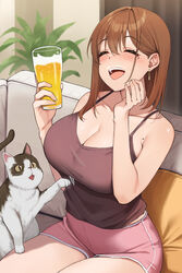  ^_^ absurdres alcohol animal bare_shoulders beer blush breasts brown_camisole brown_hair bubble_beard camisole cleavage closed_eyes collarbone couch cup dolphin_shorts feline female highres holding holding_cup indoors large_breasts mole mole_on_armpit mole_under_eye ol-chan_(udon) on_couch original pink_shorts short_shorts shorts sitting smile solo udon_(udonalium) 