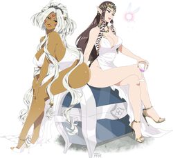  2girls absurdres alternate_costume arm_support artist_logo bare_legs bare_shoulders bracelet breasts brown_hair cleavage collarbone commentary crossed_legs crossover cup dark-skinned_female dark_skin dress drinking_glass earrings english_commentary eyelashes facial_mark fairy feet full_body gold_footwear gold_nails grey_hair hair_intakes hair_ornament hair_tubes high_heels highres hild_(aa_megami-sama) holding holding_cup jewelry large_breasts legs lens_flare long_hair looking_at_another mixed-language_commentary multiple_girls nail_polish oh_my_goddess! parted_lips pink_lips pointy_ears princess_zelda r3dfive revision shiny_skin sideboob sidelocks simple_background sitting sleeveless sleeveless_dress star_(symbol) star_facial_mark stiletto_heels strappy_heels the_legend_of_zelda the_legend_of_zelda:_twilight_princess thighs toe_ring toenail_polish toenails toes treasure_chest very_long_hair white_background white_dress white_footwear wine_glass 