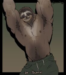  2023 anthro armpit_hair barazoku biceps body_hair bottomwear brown_body brown_fur closed_eyes clothed clothing digital_media_(artwork) eyebrows fur happy_trail hi_res male mammal muscular muscular_anthro muscular_male navel nipples pants pecs pilosan sloth smile solo tan_body tan_fur timdoodles topless were weresloth xenarthran 