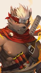  9:16 accessory anthro baldric black_nose bust_portrait canid canine canis clothing dipstick_ears domestic_dog ear_markings forehead_protector fur grey_body grey_fur hair headband headgear headwear hi_res lifewonders male mammal melee_weapon moodraw multicolored_ears muscular muscular_anthro muscular_male ninja nipples pecs portrait red_eyes scarf scroll sheathed_weapon short_hair simple_background solo sword tadatomo_(tas) text text_on_clothing text_on_headwear tokyo_afterschool_summoners torn_clothing warrior weapon white_background white_hair yellow_sclera 