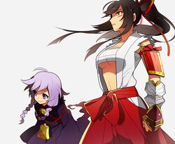  2girls bad_id bad_pixiv_id bell black_hair breast_suppress breasts brown_eyes bushidou_(sekaiju) bushidou_2_(sekaiju) curse_maker curse_maker_2 gauntlets hakama hakama_skirt japanese_clothes li_sakura light_purple_hair midriff multiple_girls navel ponytail purple_eyes red_hakama sarashi sekaiju_no_meikyuu sekaiju_no_meikyuu_1 skirt 