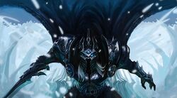  1boy absurdres armor arthas_menethil bad_link blue_eyes chenbo crown flaming_eyes frostmourne full_armor gauntlets helmet highres holding holding_sword holding_weapon lich_king male_focus outdoors pauldrons shoulder_armor skull snow solo sword warcraft weapon white_hair world_of_warcraft 