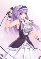  bare_shoulders commentary_request darkmaya dream_c_club dream_c_club_(series) eyepatch female hairband long_hair mari_(dream_c_club) microphone open_mouth photoshop_(medium) purple_eyes purple_hair skirt solo wrist_cuffs 