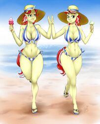  2016 anthro anthrofied beach big_breasts bikini breasts clothed clothing curvy_figure cutie_mark dessert detailed_background duo equid equine female flam_(mlp) flim_(mlp) food footwear friendship_is_magic gesture hair hasbro hi_res high_five horn horse ice_cream looking_at_viewer mammal multicolored_hair my_little_pony mythological_creature mythological_equine mythology outside pia-sama pony rule_63 sand sandals seaside sibling_(lore) skimpy smile swimwear twins_(lore) unicorn voluptuous walking wide_hipped_female wide_hips 