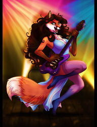  2014 anthro bass_guitar blue_eyes breasts brown_hair canid canine cassie_(disambiguation) cassie_the_rock_vixen chest_tuft cleavage clothed clothing collar dress female fingers footwear fox fur guitar hair legwear looking_at_viewer mammal musical_instrument orange_body orange_fur plucked_string_instrument rock rock_(genre) socks solo spotlight string_instrument tuft 