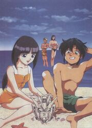  3boys after_war_gundam_x beach black_hair blonde_hair blush cloud cute female garrod_ran gundam gundam_x long_hair multiple_boys murase_shuko navel open_mouth short_hair sitting sky spread_legs swimsuit teeth thighs tiffa_adill tongue water 