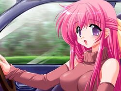  bb breasts car cute detached_sleeves large_breasts motor_vehicle pink_hair purple_eyes vehicle 