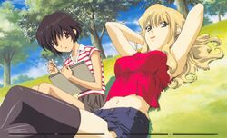  2girls black_hair black_legwear blonde_hair blue_eyes blue_shorts breasts brown_eyes brown_skirt crossed_legs day denim denim_shorts frilled_shorts frills grass highres holding holding_brush kikuchi_youko large_breasts lipstick long_hair looking_at_viewer lying makeup mireille_bouquet multiple_girls navel newtype noir_(anime) official_art outdoors page_number paintbrush parted_lips photoshop_(medium) red_lips red_shirt scan shirt short_hair shorts sitting sketchbook skindentation skirt sky sleeveless sleeveless_shirt smile striped_clothes striped_shirt thighhighs tree yuumura_kirika 