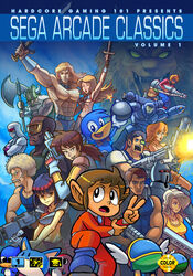  4girls 6+boys abs alex_kidd alex_kidd_(character) alien_storm alien_syndrome arm_cannon armor ax_battler axe bald beard beret bikini bin_(dynamite_dux) bird blonde_hair blue_hair blunt_bangs bob_cut bomb boots bow bowtie breasts brown_hair cigarette company_connection cover crop_top crossed_arms crossover cyber_police_eswat dark_skin duck duke_oda dwarf dynamite_dux edger english_text everyone explosive facial_hair fake_horns fangs fantasy_zone firing gilius_thunderhead goggles golden_axe gordon_(alien_storm) gun hair_over_one_eye harrier_(character) hat helmet holding hood horned_helmet horns joe_(quartet) joe_musashi jonathan_kim juuouki karla_(alien_storm) lee_(quartet) long_hair male_swimwear mary_(alien_syndrome) mary_(quartet) mask mecha midriff monster_world monster_world_iv moustache multiple_boys multiple_crossover multiple_girls muscular navel ninja opa-opa open_mouth overalls pepelogoo pointy_ears ponytail power_armor quartet_(game) ricky_(alien_syndrome) rifle robot rock_paper_scissors scooter_(alien_storm) scouter sega shinobi_(arcade) shinobi_(game) short_hair sideburns silver_hair smile space_harrier sunglasses swim_briefs swimsuit sword teddy_boy teddy_boy_blues topless_male tyris_flare underboob v vambraces weapon werewolf white_hair 