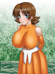  bb blue_eyes breasts brown_hair dress erect_nipples gundam huge_breasts nipples short_hair 