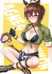  absurdres agnes_tachyon_(lunatic_lab)_(umamusume) agnes_tachyon_(umamusume) ahoge animal_ears belt bikini black_belt black_bikini black_footwear black_gloves blue_shorts blush border breast_pocket breasts canister character_name cleavage closed_mouth commentary criss-cross_halter crossed_legs denim denim_shorts ear_ornament female flask gloves green_jacket halterneck highres holding holding_flask horse_ears horse_girl horse_tail indian_style jacket large_breasts looking_at_viewer midriff navel official_alternate_costume okomedaisuki_07 open_clothes open_fly open_shorts pocket red_eyes round-bottom_flask sandals shorts simple_background single_glove sitting sleeves_rolled_up solo swimsuit tail tied_jacket toeless_footwear umamusume white_border yellow_background 