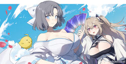  absurdres airseal anchorage_(azur_lane) azur_lane bare_shoulders bird black_ribbon blue_eyes blue_sky bow breasts chick cleavage cloud cloudy_sky crossover grey_hair hair_between_eyes hair_ribbon hairbow hand_fan highres holding holding_fan japanese_clothes kimono large_breasts light_brown_hair long_hair long_sleeves looking_at_viewer manjuu_(azur_lane) outdoors parted_bangs red_eyes ribbon senran_kagura short_hair sky sleeves_past_fingers sleeves_past_wrists smile two_side_up upper_body white_bow white_kimono wide_sleeves yumi_(senran_kagura) 