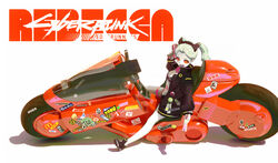  akira_(manga) black_bra black_jacket black_panties blonde_hair bra character_name colored_sclera colored_skin copyright_name cyberpunk_(series) cyberpunk_edgerunners cyborg dual_wielding english_text female gun handgun highres holding jacket kaneda_shoutarou&#039;s_bike kongaxl leg_tattoo long_hair long_sleeves looking_at_viewer motor_vehicle motorcycle neck_tattoo open_clothes open_jacket panties pink_tattoo rebecca_(cyberpunk) red_pupils red_sclera shoes simple_background sneakers stomach_tattoo tattoo trigger_discipline twintails underwear weapon white_background white_skin 