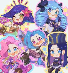  5girls :&gt; :d ;d ahoge arcane:_league_of_legends arcane_jinx black_bow black_dress black_headwear black_sleeves blue_hair blush bow brown_footwear brown_gloves brown_shirt caitlyn_(league_of_legends) chibi colored_skin crop_top dress fingerless_gloves flower freckles gloves green_hair green_skin grey_dress gun gwen_(league_of_legends) hair_flower hair_ornament hairbow hele_bun high_heels highres holding holding_gun holding_microphone holding_weapon jinx_(league_of_legends) league_of_legends long_hair looking_at_viewer microphone multicolored_hair multiple_girls navel neeko_(league_of_legends) one_eye_closed orange_eyes pants pink_eyes pink_flower pink_hair pink_pants puffy_short_sleeves puffy_sleeves purple_hair seraphine_(league_of_legends) shirt shoes short_sleeves smile star_(symbol) striped_clothes striped_pants teeth thighhighs two-tone_hair upper_teeth_only watermark weapon 