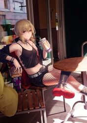  artoria_pendragon_(fate) bare_shoulders belt black_footwear black_jacket black_ribbon black_shorts black_tank_top blonde_hair blush boots bracelet breasts buckle burger casual chair choker cleavage collarbone commentary_request crop_top cross-laced_slit crossed_legs cup cushion day disposable_cup drinking_straw expressionless fast_food fate/grand_order fate/stay_night fate_(series) female fishnet_pantyhose fishnets food hair_between_eyes hair_ribbon highres holding holding_cup holding_food jacket jewelry knee_boots long_hair looking_at_viewer mcdonald&#039;s medium_breasts midriff mugetsu2501 navel off_shoulder official_alternate_costume pantyhose ribbon ring saber_alter saber_alter_(ver._shinjuku_1999)_(fate) short_shorts shorts sideless_outfit sidelocks sitting solo storefront table tank_top wristband yellow_eyes 