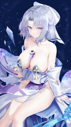  absurdres age_fx azur_lane bare_shoulders between_breasts blue_eyes bow breasts collarbone female hairbow highres japanese_clothes kimono large_breasts looking_at_viewer obi pelvic_curtain sash scroll senran_kagura sitting solo thighs torn_clothes torn_kimono white_bow white_hair white_kimono yumi_(senran_kagura) 