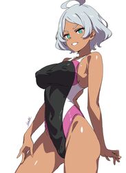  ahoge batta_16-sei black_one-piece_swimsuit breasts cameltoe commentary_request competition_swimsuit covered_navel covered_nipples dark-skinned_female dark_skin female green_eyes grey_hair gundam gundam_suisei_no_majo highleg highleg_swimsuit highres large_breasts looking_at_viewer multicolored_clothes multicolored_swimsuit one-piece_swimsuit pink_one-piece_swimsuit puffy_nipples secelia_dote short_hair smile solo standing swimsuit thighs white_one-piece_swimsuit 