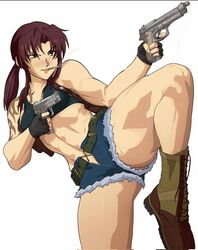  aiming beretta_92 black_lagoon black_sports_bra blue_shorts breasts brown_eyes brown_hair cigarette commentary corrupted_twitter_file crop_top english_commentary female fighting_stance gun handgun holding holding_gun holding_weapon midriff navel open_fly ponytail revy_(black_lagoon) short_shorts shorts shoulder_tattoo sidelocks small_breasts smoke smoking solo sports_bra standing standing_on_one_leg tattoo thick_thighs thighs torn_clothes torn_shorts weapon yoracrab 