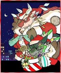  anthro candy candy_cane christmas christmas_clothing christmas_headwear clothing costume crescent_moon dessert dragon duo food galvo hat headgear headwear holidays horn lifewonders live_a_hero male mature_male moon mythological_creature mythological_scalie mythology night okudami phein santa_costume santa_hat scalie short_stack 