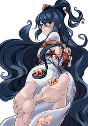  arms_behind_back ass barefoot blue_hair bondage bondage bondage bound bow clenched_hand closed_mouth dress feet grey_dress hairbow highres long_hair ponytail rope shibari_over_clothes soles sunken_fossil_world takeguchi_kouhei toenails toes touhou very_long_hair yorigami_shion 