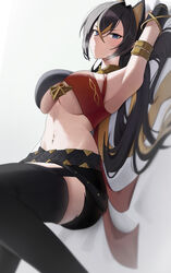  absurdres armlet armpits arms_behind_head asymmetrical_clothes bare_shoulders belt between_breasts black_belt black_gloves black_hair black_shorts black_thighhighs blonde_hair blue_eyes blush breasts breath closed_mouth criss-cross_halter crossed_bangs crossed_belts dangle_earrings dehya_(genshin_impact) earrings elbow_gloves female gem genshin_impact gloves gold_choker hair_between_eyes hair_ears hair_intakes halterneck highres jewelry large_breasts long_hair looking_at_viewer lying multicolored_hair navel on_back poko_(poko) red_gemstone shorts single_earring solo stomach streaked_hair sweatdrop thighhighs thighs toned two-tone_hair underboob very_long_hair 