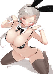  alternate_costume animal_ears bikini black_bikini black_bow black_bowtie black_thighhighs bow bowtie breasts brown_eyes chitose_(kancolle) cleavage commentary_request detached_collar female grey_hair highres kantai_collection kneeling large_breasts long_hair low_ponytail one-hour_drawing_challenge parted_bangs playboy_bunny_swimsuit rabbit_ears simple_background solo swimsuit tetsukuzu_(yajirushi_shita) thighhighs twitter_username white_background wrist_cuffs 