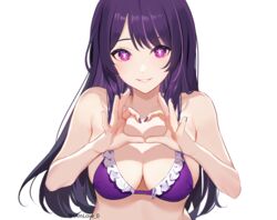  absurdres bare_arms bare_shoulders breasts commentary_request female grin heart heart_hands highres hoshino_ai_(oshi_no_ko) i_am_love large_breasts long_hair looking_at_viewer oshi_no_ko purple_eyes purple_hair simple_background smile solo star-shaped_pupils star_(symbol) stomach symbol-shaped_pupils teeth upper_body very_long_hair white_background 