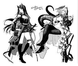  2girls arknights artist_name between_breasts boots breasts coat commentary_request copyright_name crossed_legs dress expressionless feathered_wings fingerless_gloves gloves greyscale hair_between_eyes head_wings highres ho&#039;olheyak_(arknights) horns ines_(arknights) knee_boots kyo_zip long_coat long_hair long_sleeves long_tail medium_breasts medium_hair miniskirt monochrome multiple_girls open_clothes open_coat open_mouth pantyhose pencil_dress scales shoes simple_background sitting skirt smile snake_tail strap_between_breasts sword tail twitter_username very_long_hair wavy_hair weapon wide_sleeves wings 